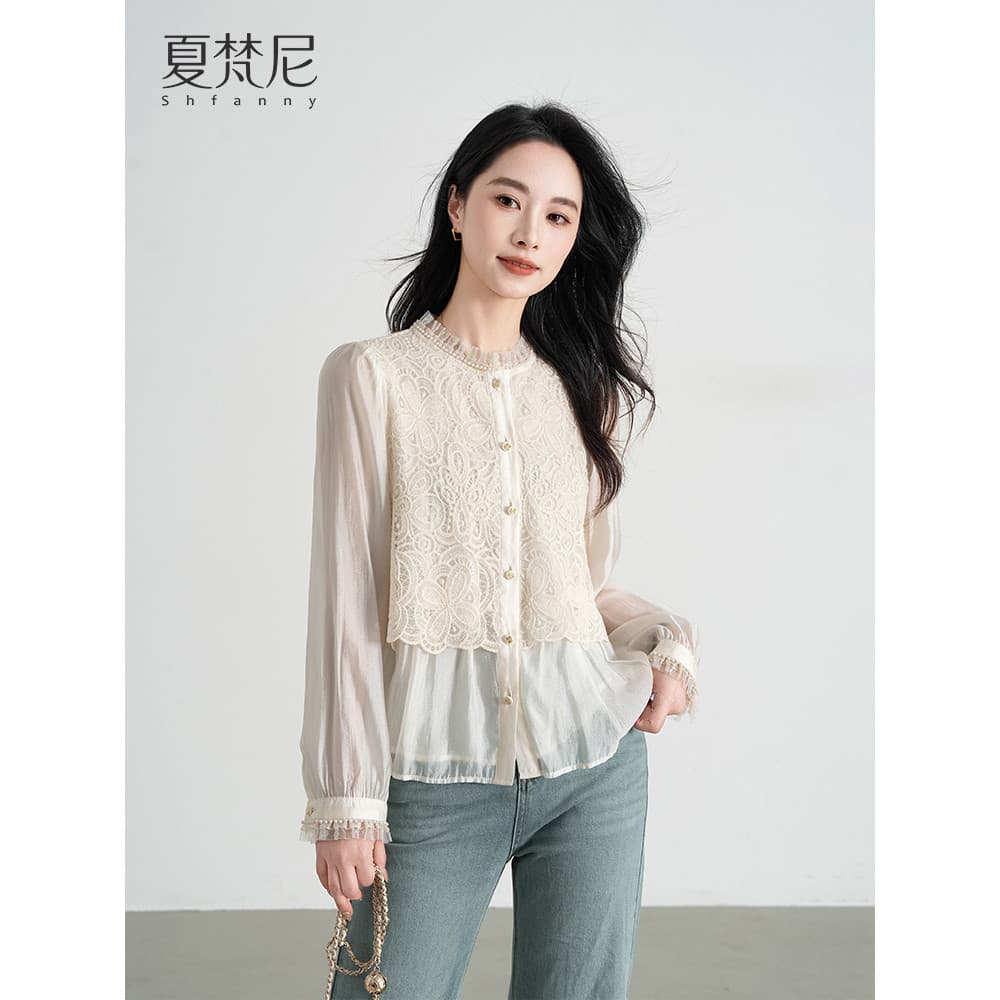 Chavanny Furui branco sonho camisa feminina 2026 outono novo estilo falso de duas peças renda bordada pequena camisa fra