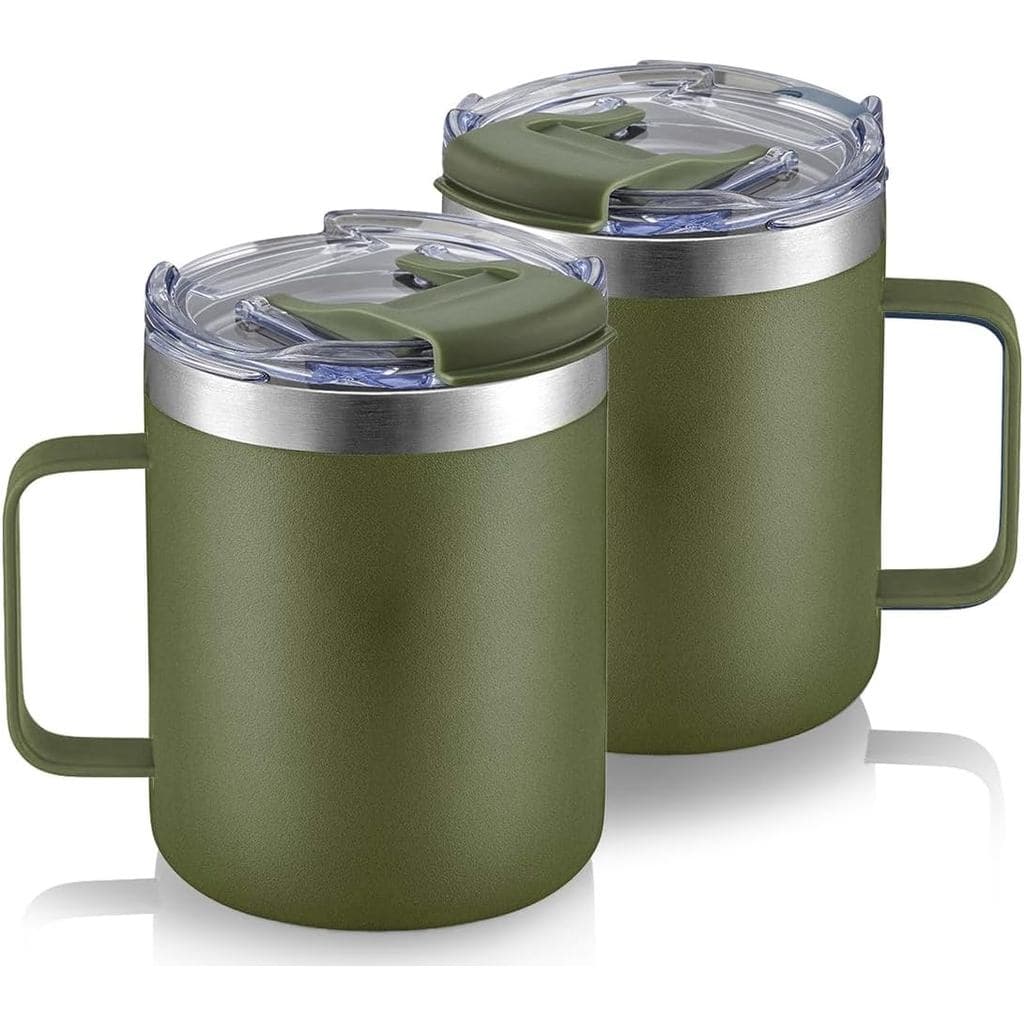 12oz Stainless Steel Insulated Coffee Mug with Handle, Double Wall Vacuum Tumbler Cup with Fliping Lid, Army Green, 2 Pa