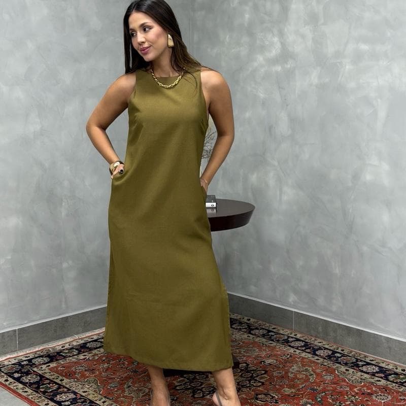 Vestido Feminino Midi Crepe Fenda Lateral Alça Larga Elegante Festa Casamento Trabalho - Beatriz