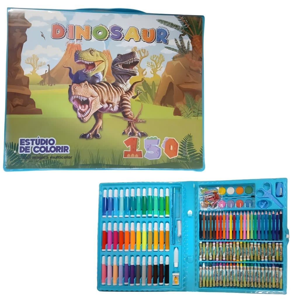 Kit Escolar Menino Maleta Grande Pintura 150 Pçs Dinossauro