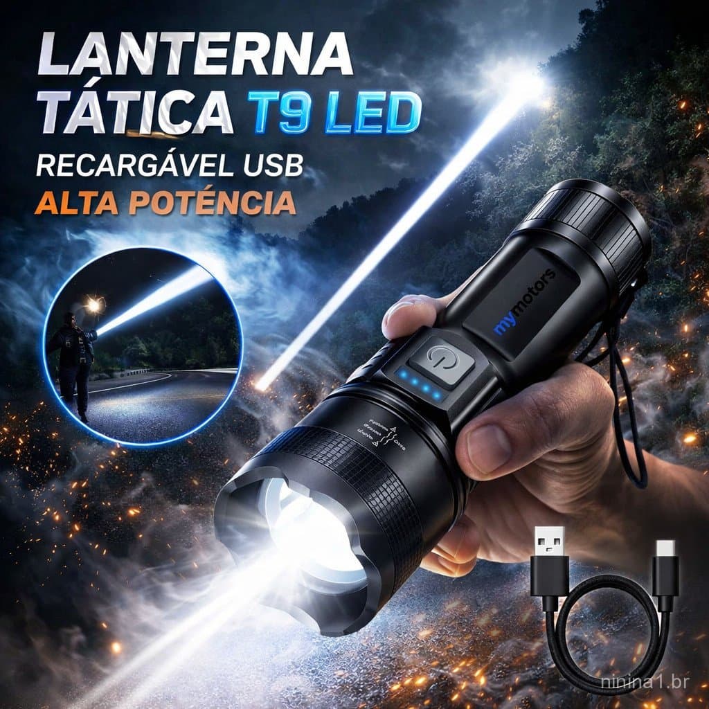 Lanterna Tática LED T9 Super Potente Recarregável USB com Zoom 2431