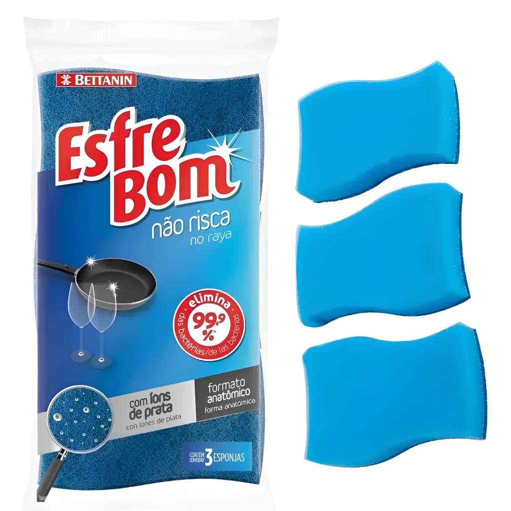 Esponjas Não Risca Azul  Esfrebom Original 3 Unidades Limpeza Antiaderente Vidro Inox Cristal