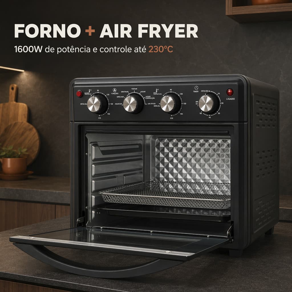 Forno Air Fryer 30 Litros 110V 1600 W Fritadeira Timer Controle de Temperatura Cesta e Bandeja
