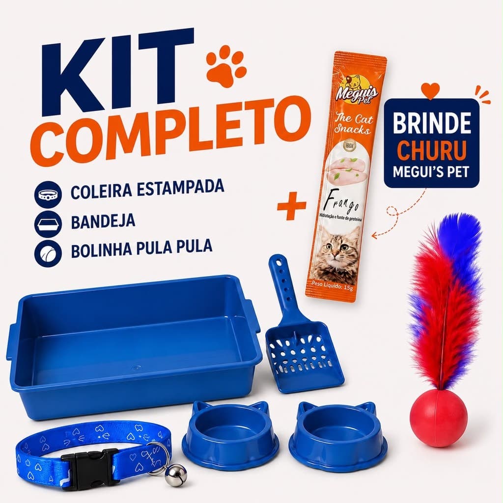 Kit Caixa de Areia para Gato + Coleira para Gato + Brinquedo Bolinha + Petisco Churu para Gato 🐱🎁