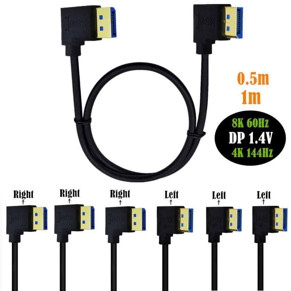 Cabo Audiovisual DP 1.4 macho para macho 0.5/1m | Cotovelo duplo esquerdo/direito de 90 graus | 8K a 60 Hz/4 K a 144 Hz