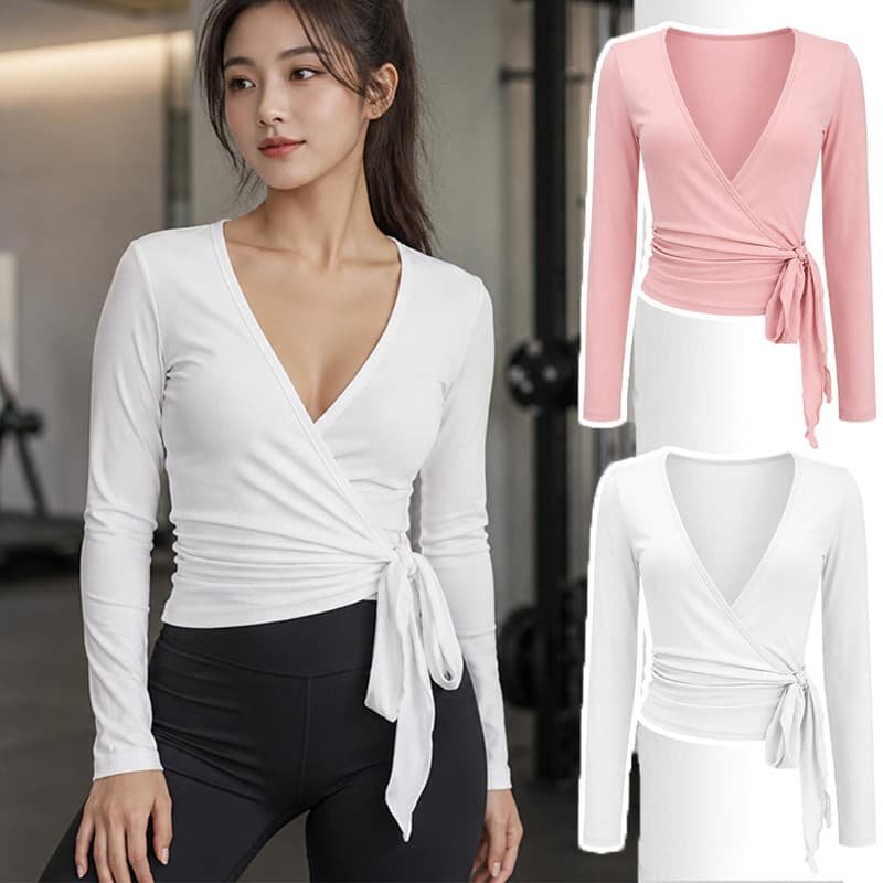 Tops Femininos De Balé – Camiseta Básica Slim Casual Blusas De Treino Curtos De Ioga Bodycon De Verão Com Decote Em V Ca