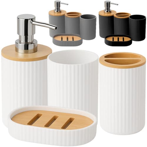 Conjunto de Acessórios para Banheiro Lavabo 4 Peças Bambu - Cinza