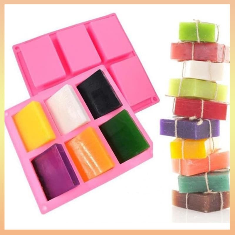 Molde de silicone para sabão com 6 compartimentos retangulares, feito à mão com processo a frio.