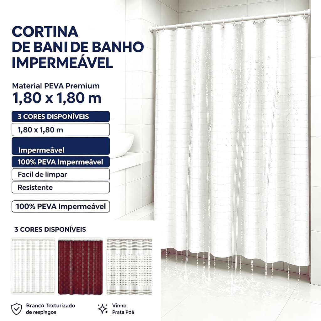 Cortina de Banheiro em PEVA 1,80x1,80 Impermeável Lavável Diversas Estampas Para Box