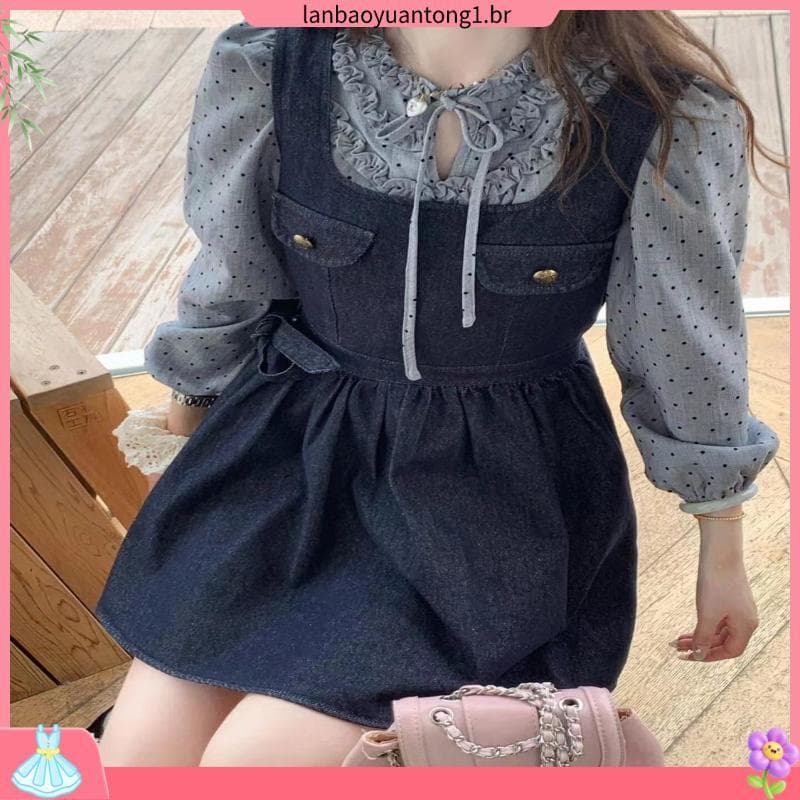 Terno/peça única pequeno Retro arco Denim colete vestido outono feminino fungo borda amarrado camisa
