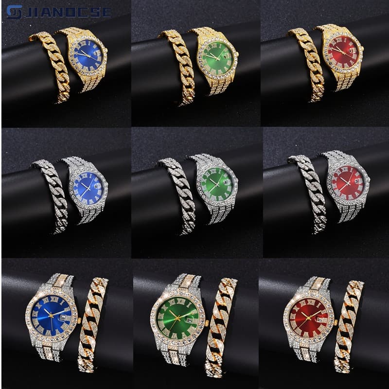 Novo 2Pcs/Set Iced Out RelóGios Hip Hop RelóGio Para Homens De NegóCios Grande Discagem Faixa De AçO Cintilante Diamante