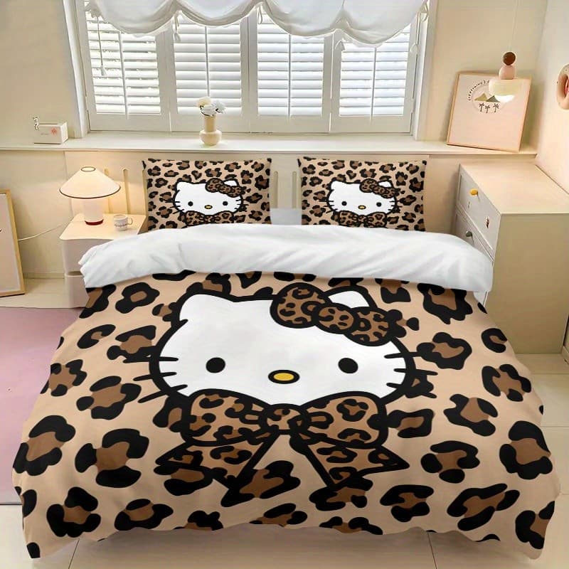 Conjunto de 3 peças de roupa de cama Sanrio Hello Kitty – fundo com estampa de leopardo e Design de laço, incluindo 1 ca
