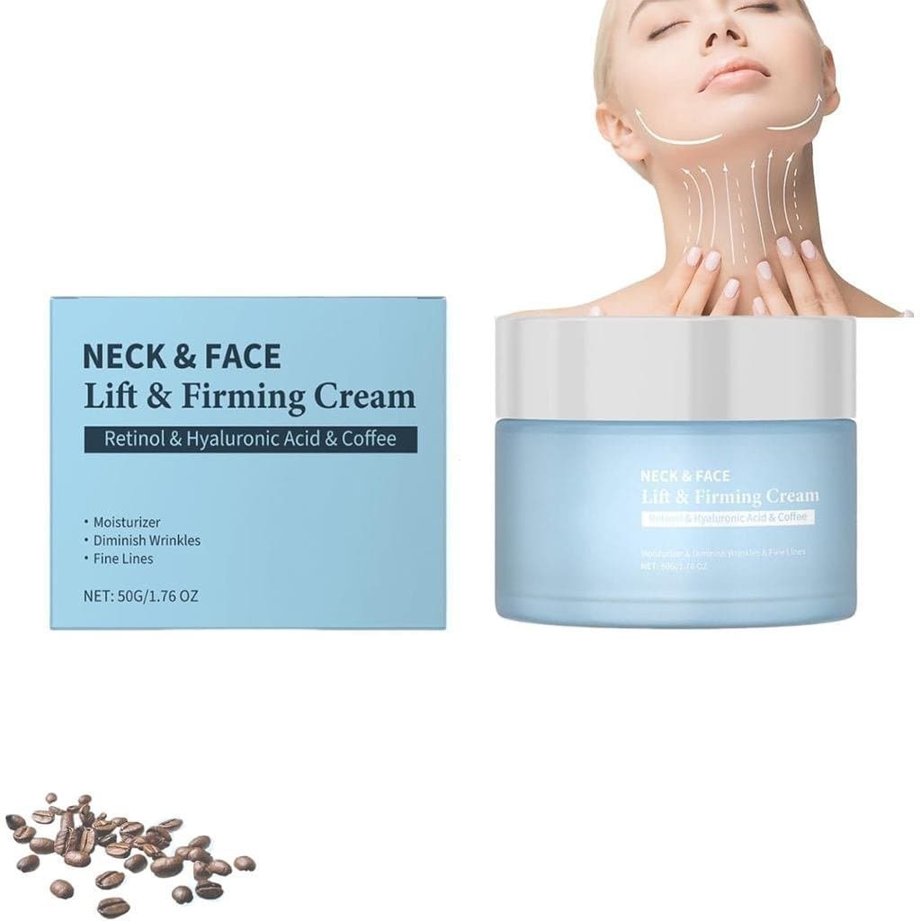Produto para cuidados com o pescoço contendo retinol e ácido hialurônico, firma visivelmente a pele solta e melhora a el