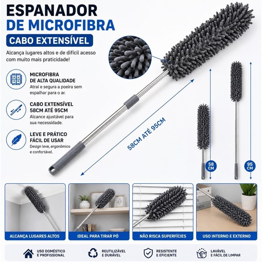 Espanador de Microfibra com Cabo Extensível Retrátil Limpa Poeira Móveis Ventilador Teto e Cantos