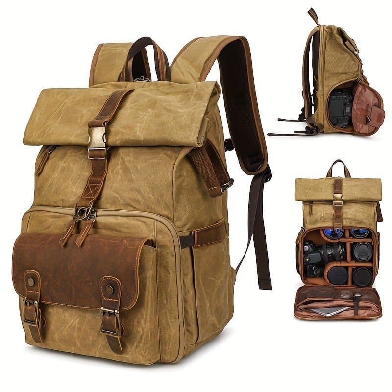 Mochila Vintage de Lona para Câmera Masculina, Multifuncional com Fecho de Enrolar e Presilhas para Cinto, Comporta Lapt
