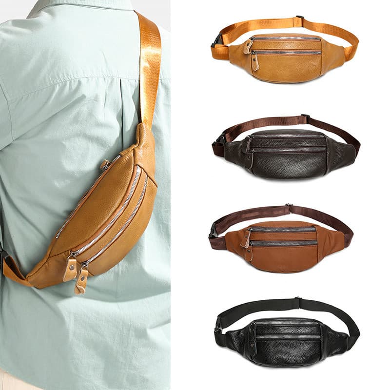 Bolsa de cintura primeira camada de couro masculina multifuncional à prova d'água bolsa de peito retrô bolsa mensageiro