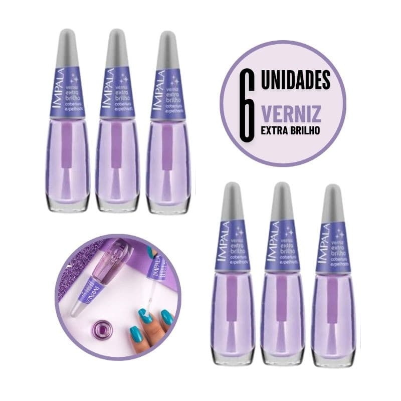 Kit 6 Verniz Extra Brilho Impala 7,5ml Cobertura Espelhada Secagem Rápida