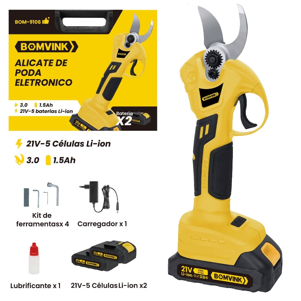 Tesoura de Poda Elétrica 21V Sem Fio com 2 Baterias, Carregador e Kit de Ferramentas