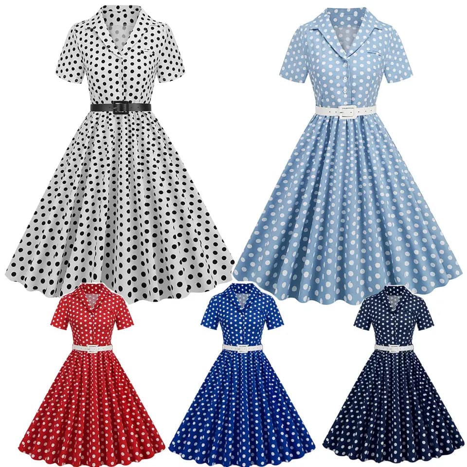 Novo cinto de costura de bolinhas de manga curta Hepburn Retro vestido francês