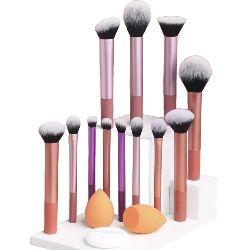 Novo conjunto de 12 pincéis de maquiagem com cabos longos, pincel de contorno, pincel de pó, pincel de sobrancelha, em e