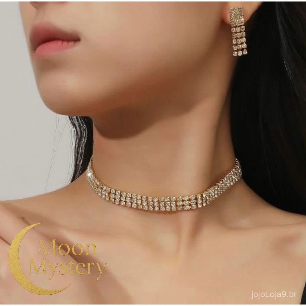 Conjunto Feminino Choker e Brincos de Strass – Joia Elegante Dourada para Festa e Noite
