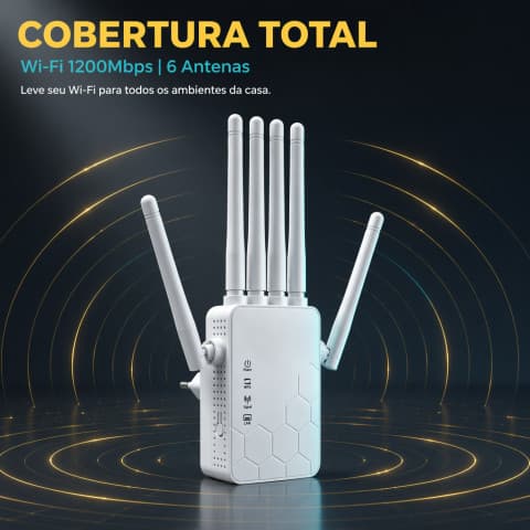 Repetidor Wi-Fi 1200Mbps com 6 Antenas WPS Porta LAN 3 Modos Extensor de Sinal Bivolt Preto ou Branco