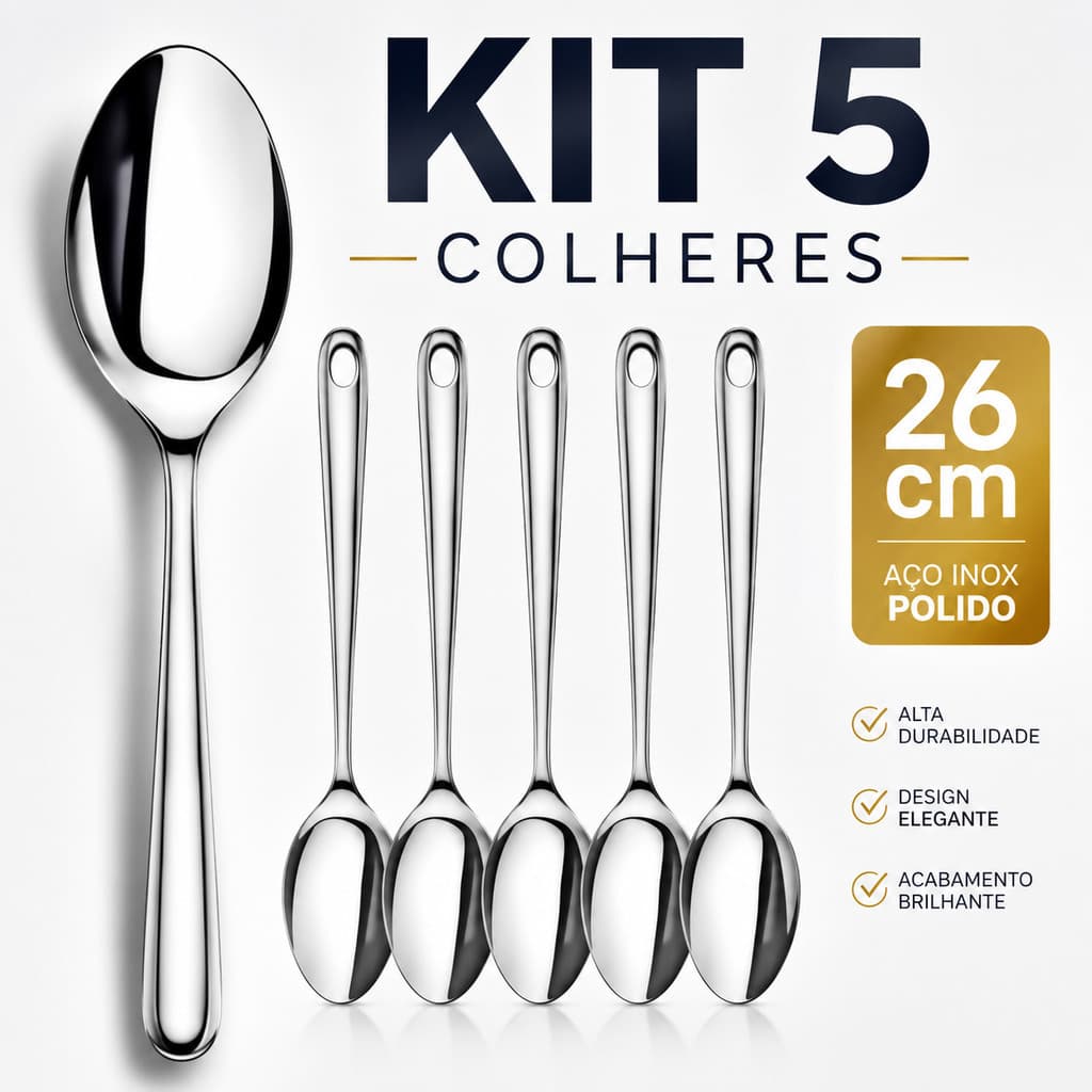 Kit 5 Colher de Arroz Inox 26cm Utensílio de Cozinha Resistente Para Servir Alimentos