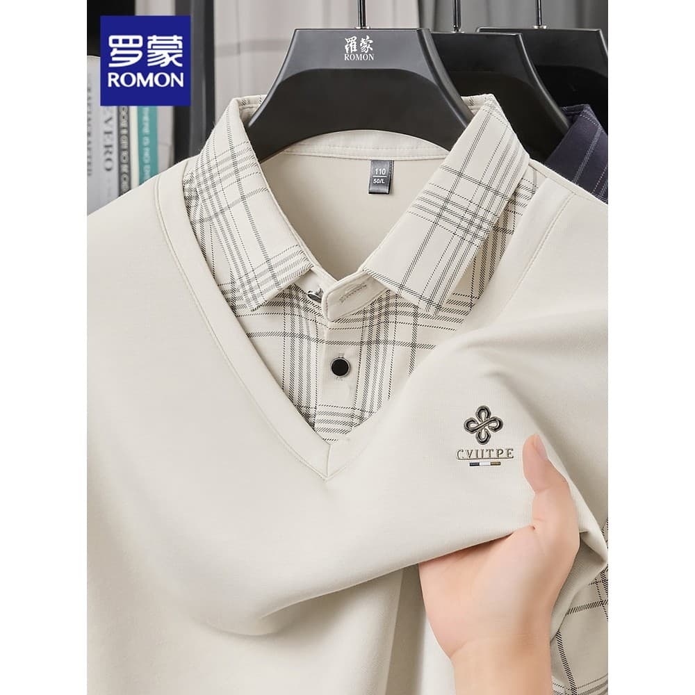 Lomon falso de duas peças de manga comprida camiseta masculina primavera novo estilo costura lapela camisa polo na moda