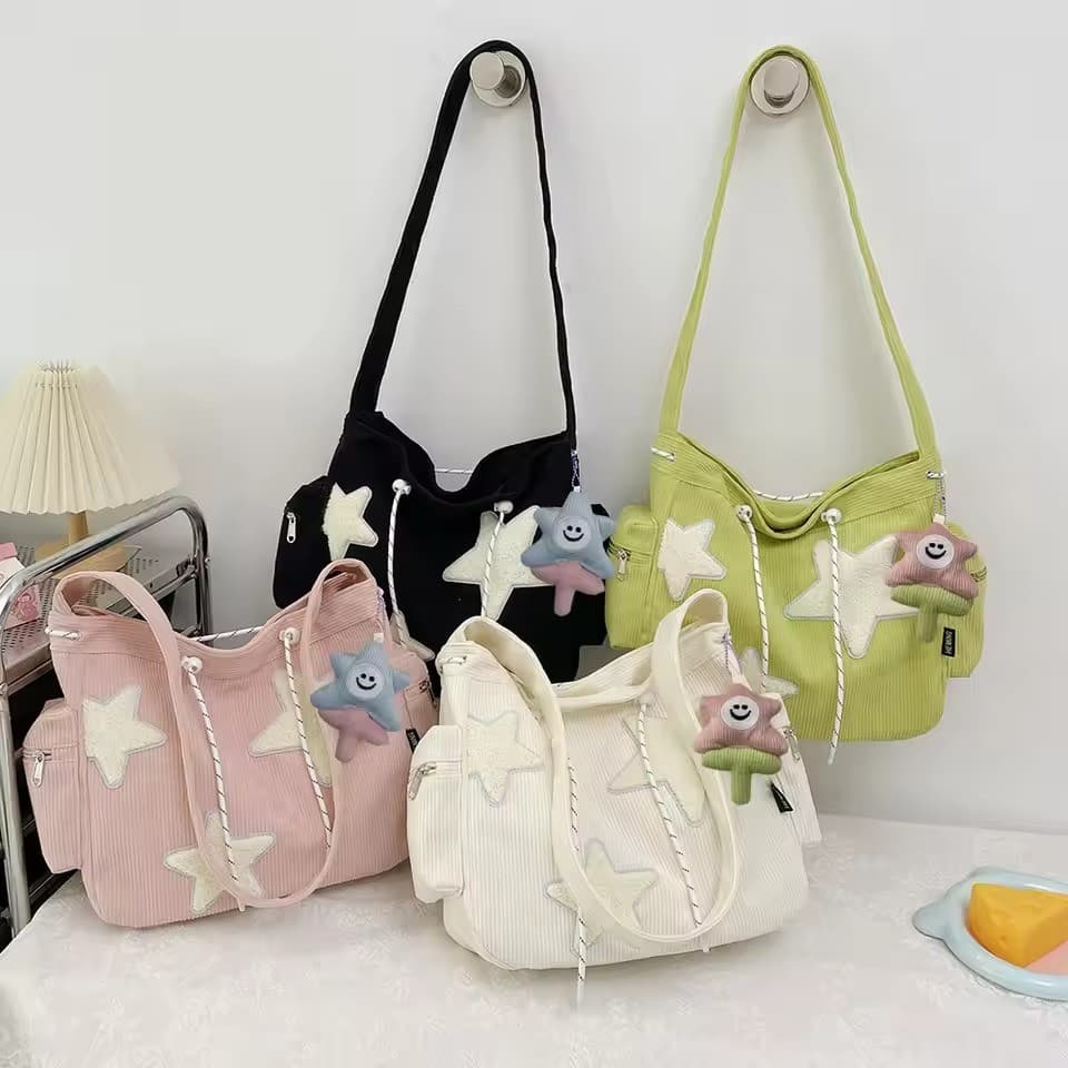 Bolsa Tote Grande Com PadrãO De Estrela Simples, Bolsa De Ombro Com CordãO De Veludo, Sacola Fofa De Lona