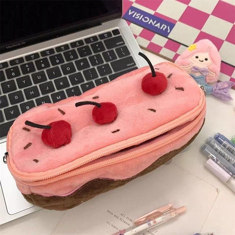 Estojo de Lápis Decorado com Pelúcia, Grande Capacidade, Design Fofo de Bolo de Cereja, Material Escolar Macio e Adoráve