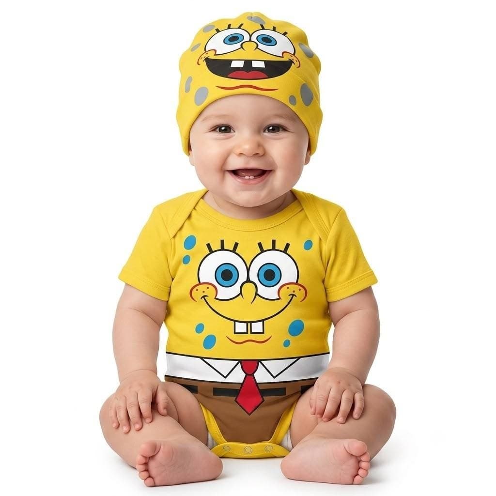 Body Bebê Bob Esponja Mesversário Temático Fantasia Com Touca