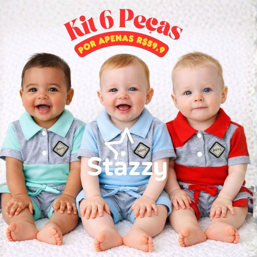 Kit 6 pçs Conjunto bebê Menino Mauricinho com 3 camiseta polo e 3 shorts RN até 6 meses