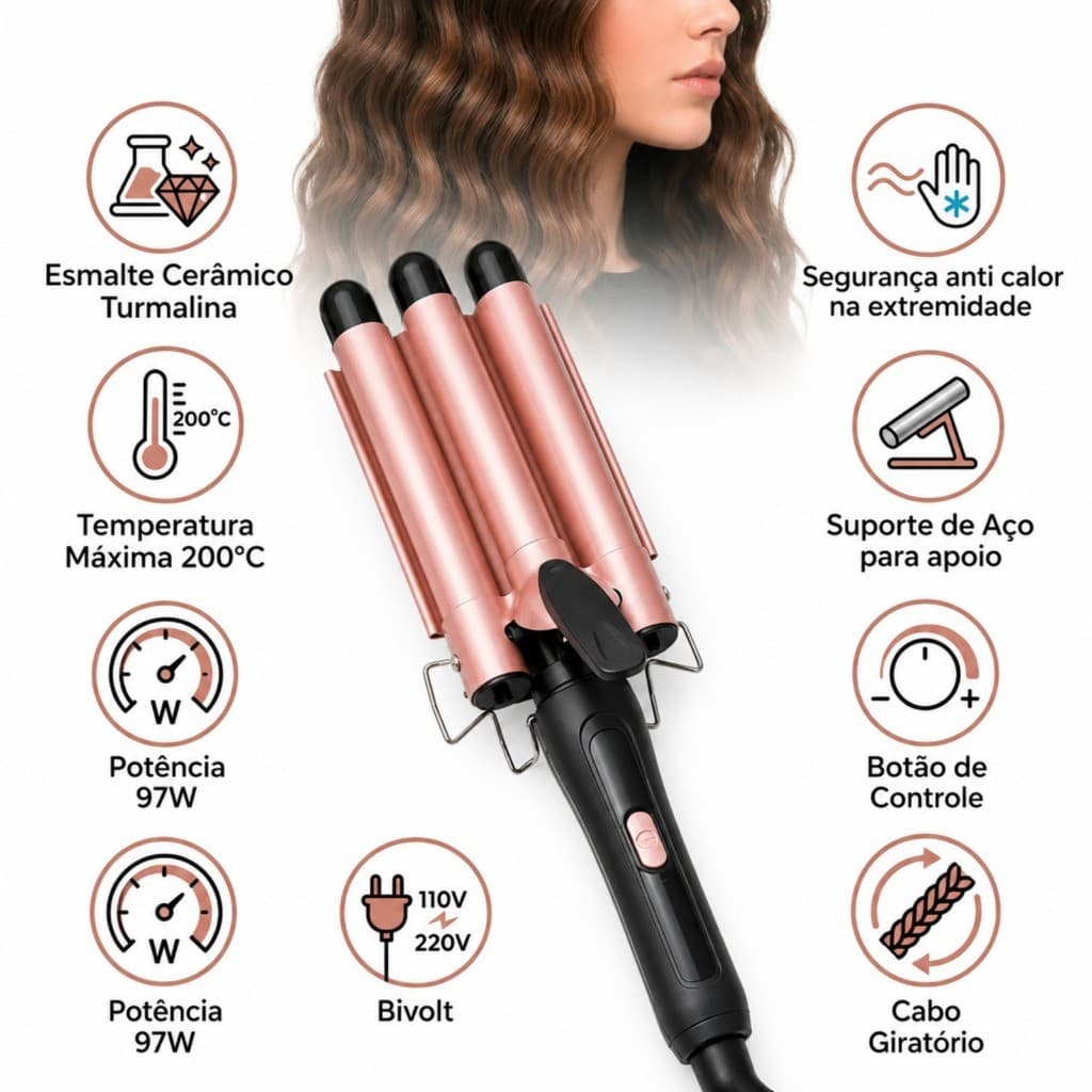 Modelador de Cabelo Tri-ondas 22cm Modelador de Cachos Cerâmica Babyliss Ondulador Bivolt  Chapinha