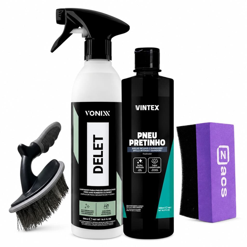 Kit Limpeza de Pneus Vonixx Delet + Pretinho + Aplicador Zacs + Escova