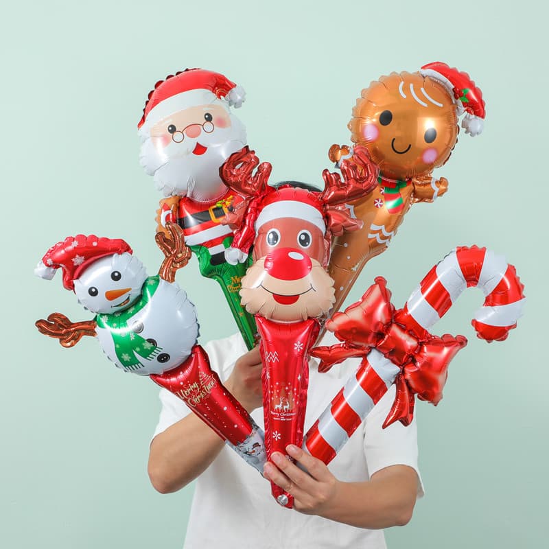 [10 peças] bastão de ataque de natal, boneco de neve, alce, bengala, homem-biscoito, balão portátil, vara média, balão d