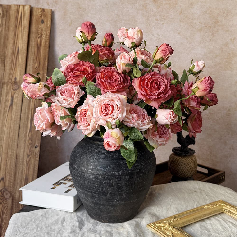 🌺Best Seller🌺Flor artificial estilo francês, haste única com 3 rosas vintage de borda desfiada, flores artificiais para