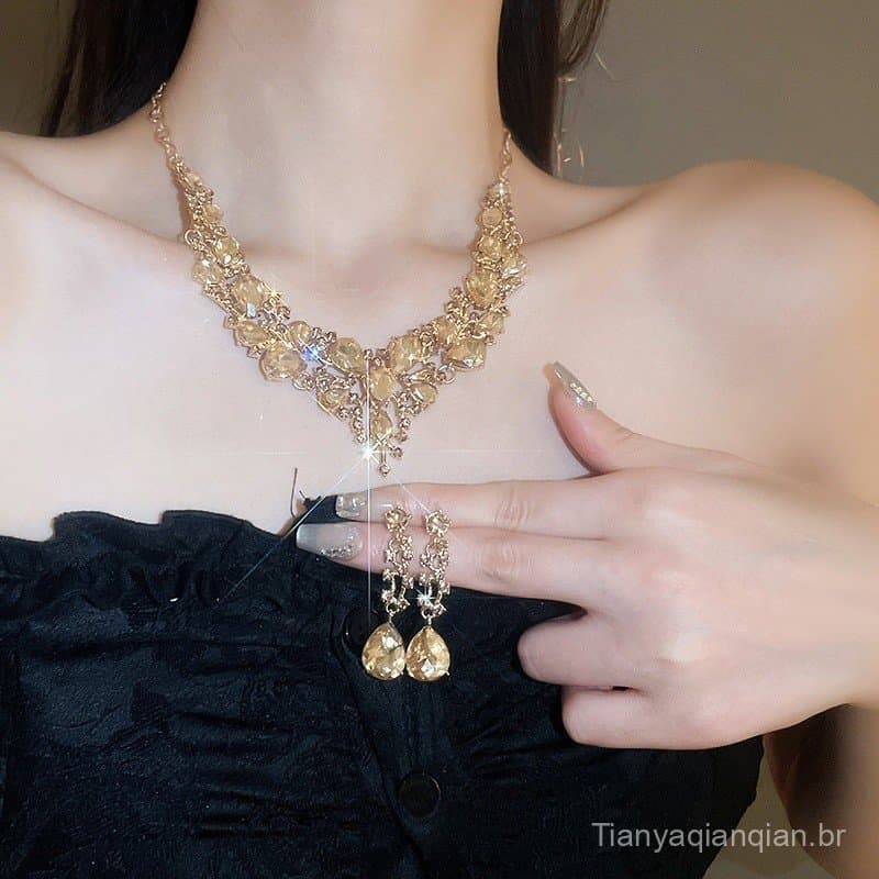 Novo conjunto de colar e brincos em formato de gota d'água com diamantes ultra-brilhantes, corrente de clavícula vintage