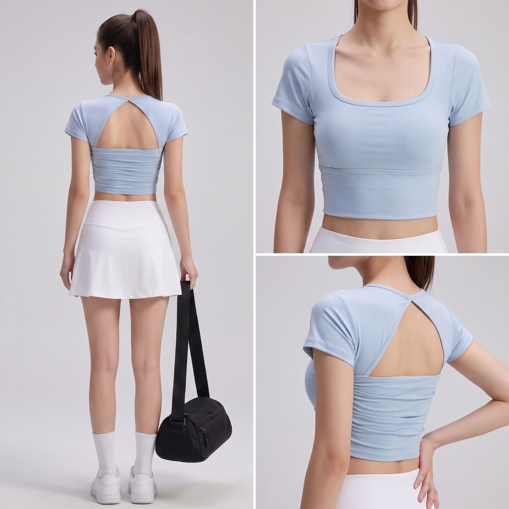 Roupas de Yoga femininas verão estilo fino com almofada no peito esportes bela volta de secagem rápida manga curta corre