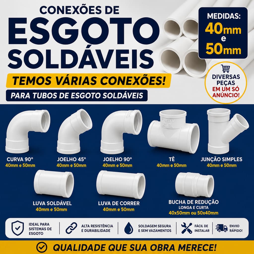 conexões esgoto 40mm e 50mm PVC branco, joelho 90°, tê, luva, bucha de redução junção Y e diversas medidas