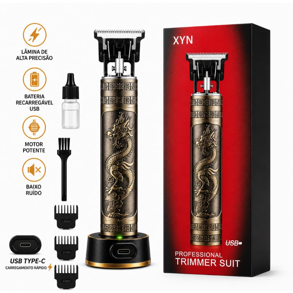 Máquina de Cortar Cabelo Profissional Dragão Elétrica Recarregável para Barbeiro