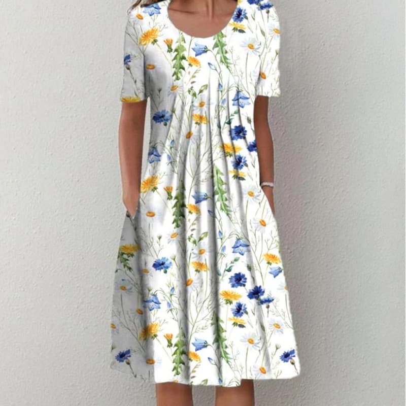 Vestido Floral solto feminino - manga curta branca com bolsos