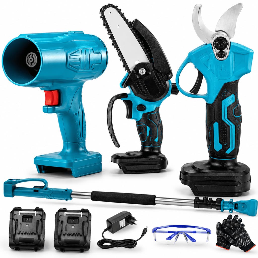Kit 3 Em 1 Poda Corte Sopra Tesoura Elétrica Mini Motosserra Soprador Bateria 48V Lítio Jardim Pomar Podador Agilidade