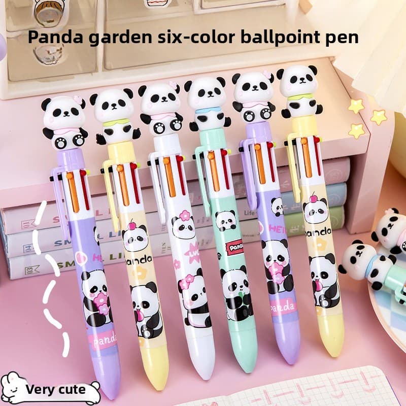 12 Pçs Dos Desenhos Animados Bonito Panda Seis Cores Caneta Esferográfica Estudante Em Uma Cor Imprensa Marcador Manual