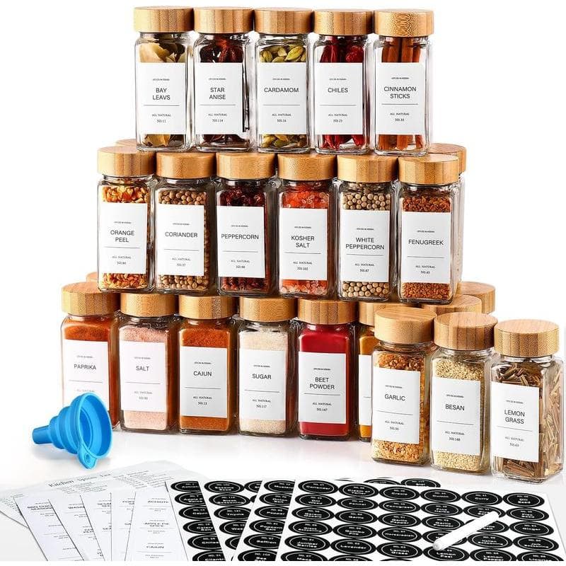 DWTS DANWEITESI 36 Pcs potes de vidro para especiarias com tampas de bambu, recipientes transparentes, potes de vidro de