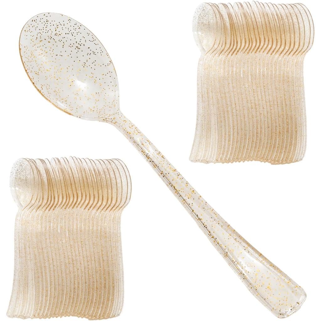 50 Pcs Gold Glitter Plastic Spoons 6.8 Inch Disposable Spoons Gold Glitter Plastic Serving Utensils for Party Wedding Di
