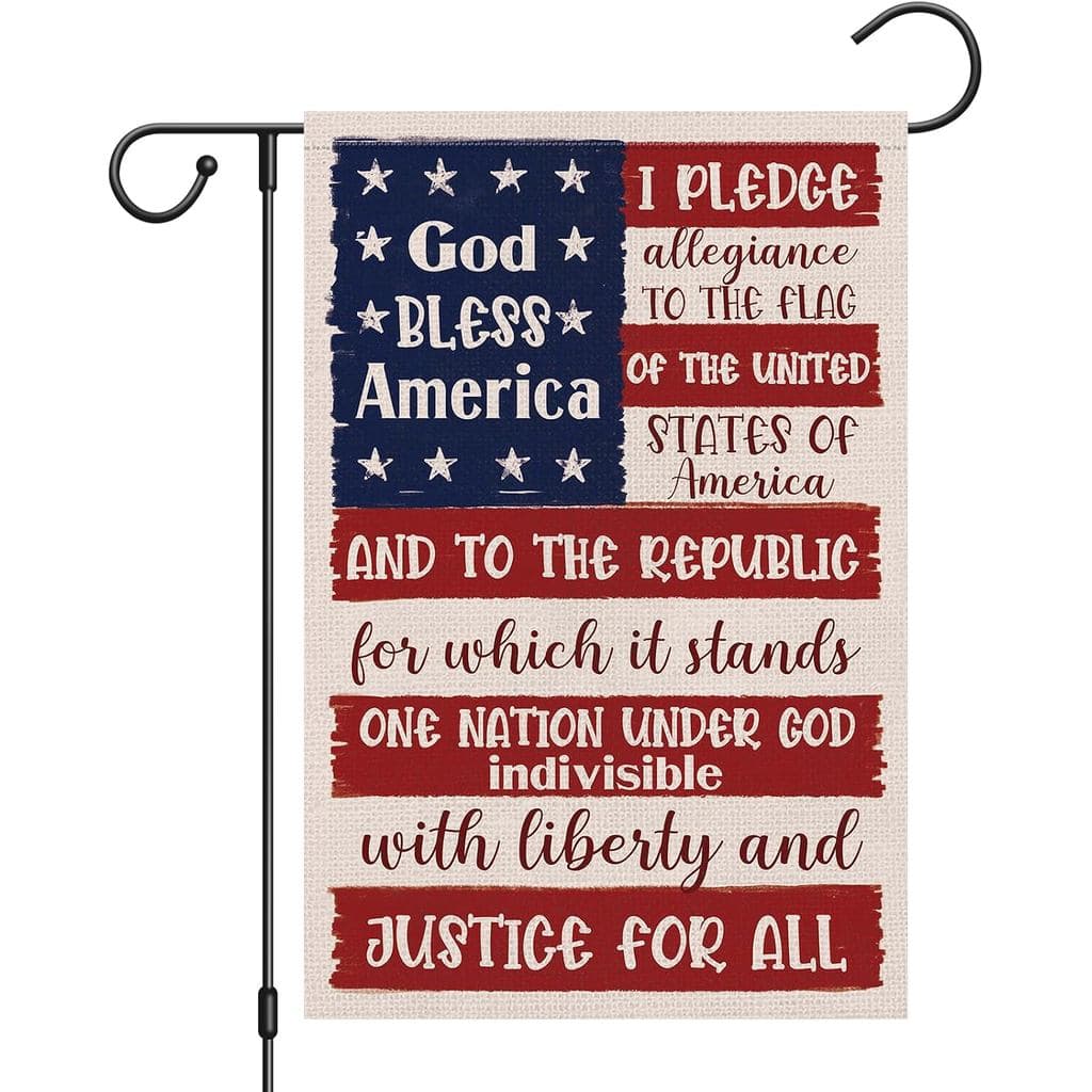 Heyfibro Bandeira Patriótica de Jardim "God Bless America" 12x18 Dupla Face em Juta, Banner Retro com Estrelas e Texto d