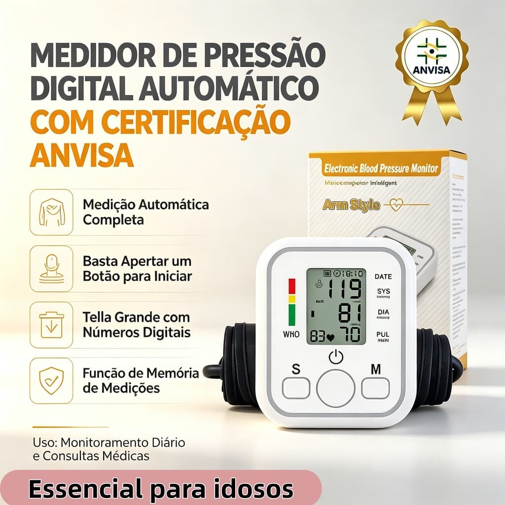 Essencial Idoso Medidor Pressão Arterial Digital Braço Automático ANVISA |Tela Grande Memória | Braçadeira Ajustável