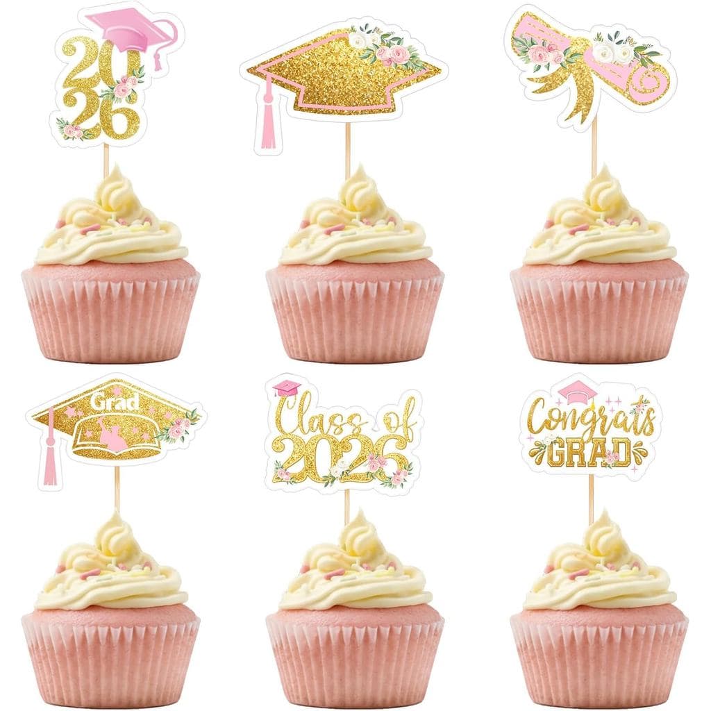 Sliner 60 Peças 2026 Topper de Cupcake Floral Rosa Dourado para Formatura, Topper de Cupcake com Glitter da Turma de 202