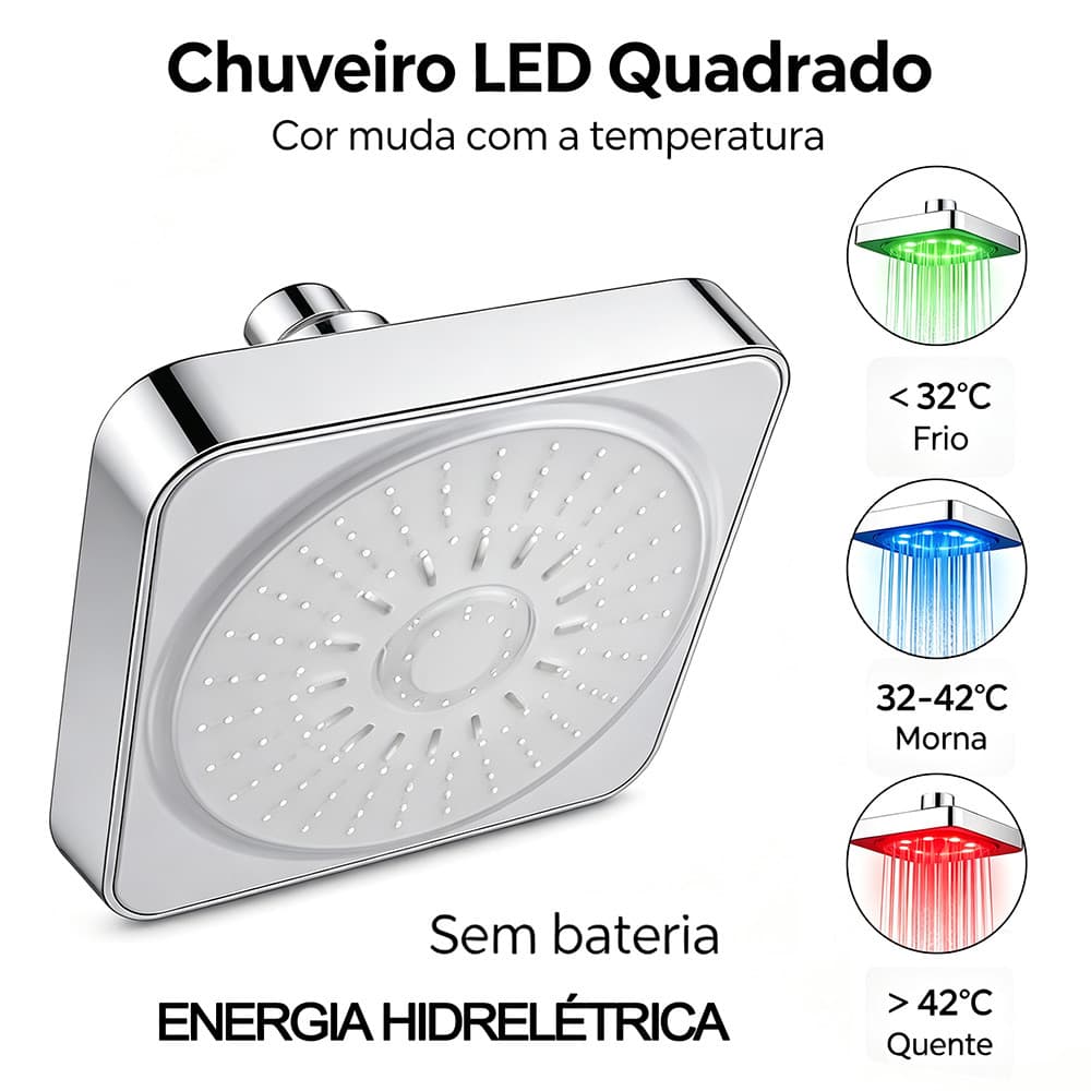 Chuveiro Quadrado LED Sensor Temperatura Sem Bateria Ducha Chuva Anti Queimadura Instalação Simples