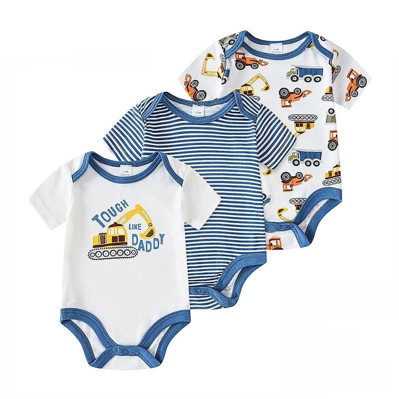 Kit Body Bebê Menino 3 Unidades Manga Curta Listrado e Veículos